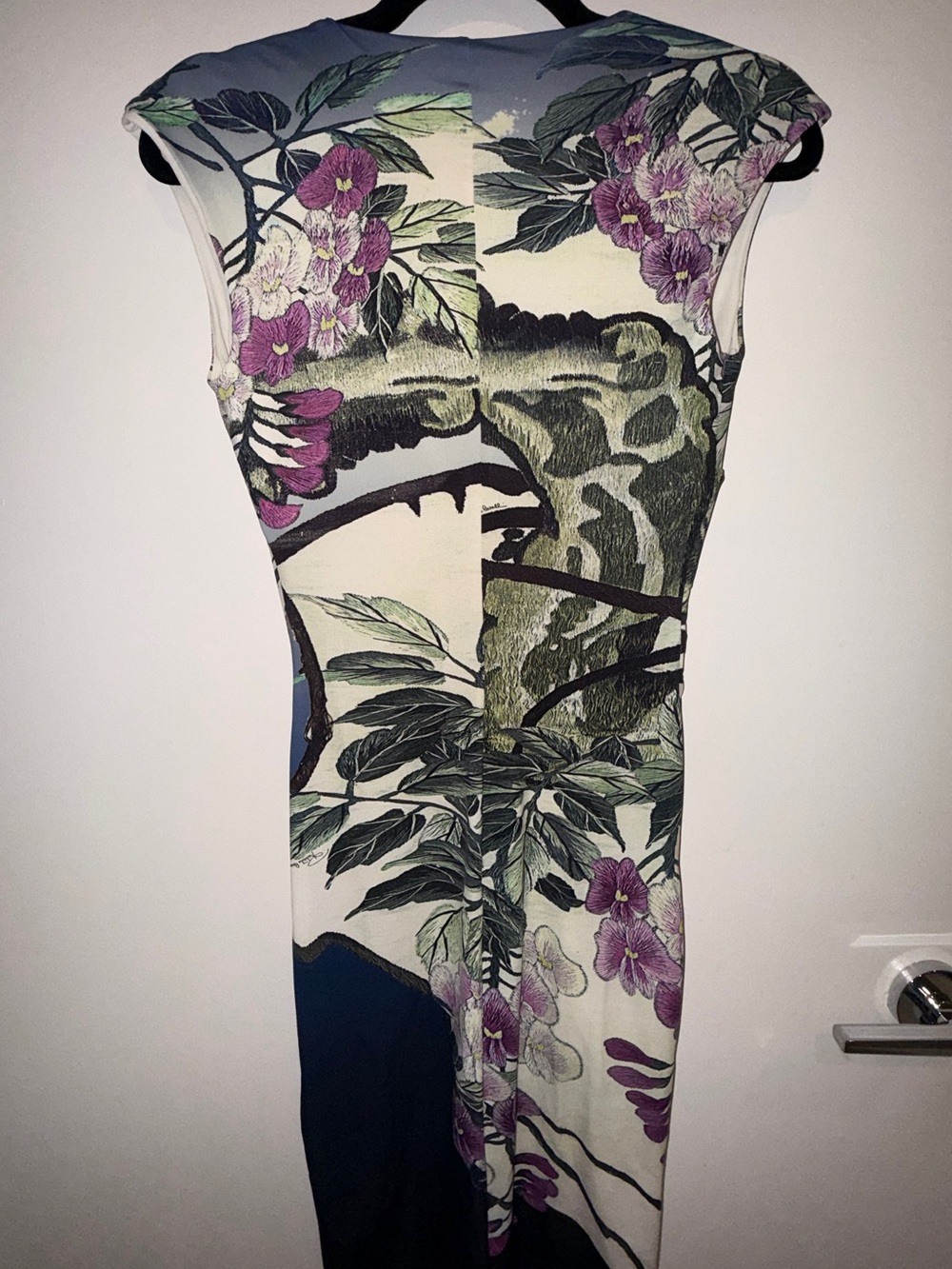 Roberto Cavalli Floral V-Neck Maxi Dress in Ivory, Navy and Purple - Picture 6 of 9